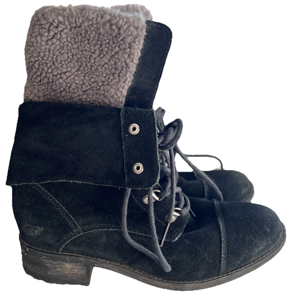 UGG Gradin Black Suede Leather Gray Shearling Fold Over Combat Boots - 8